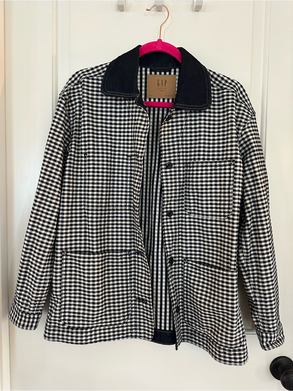 GAP × DÔEN Gingham Denim Chore Jacket Blue White Utility Barn Coat Size S - Picture 2 of 7